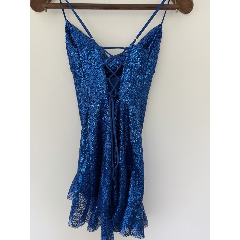 LUCY IN THE SKY Women Royal Blue Sequin Lace-Up Back Mini Dress Sz SMALL - Picture 3 of 9